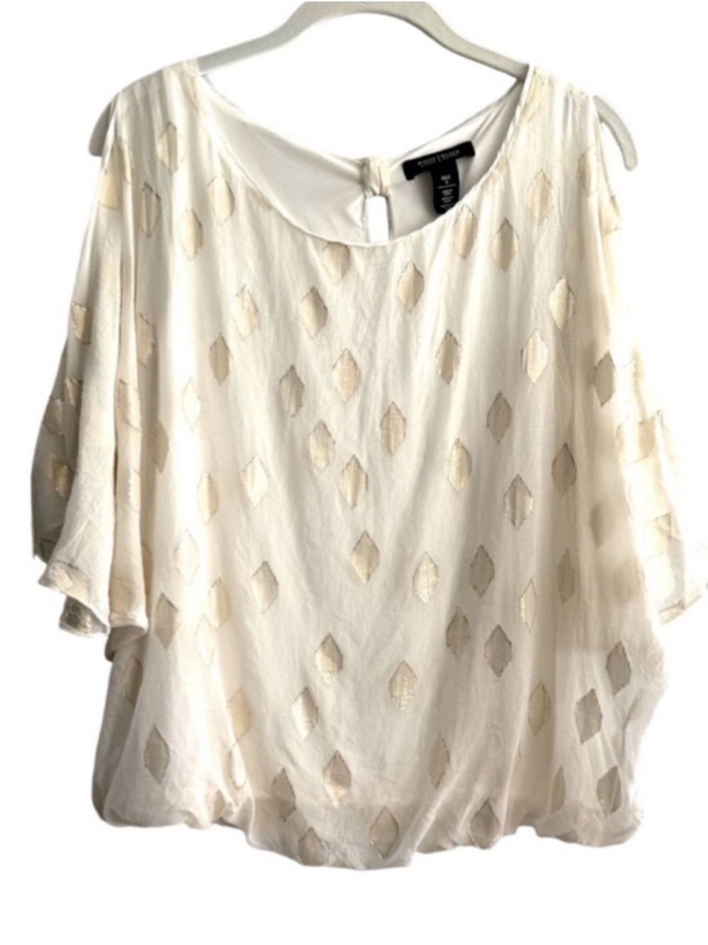 WHBM Silk Chiffon Blouse Metallic Leaf Design Cut Out Sleeve Cream Gold Size S